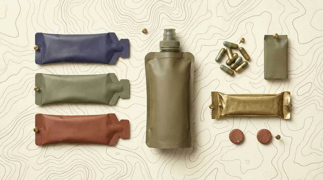 A flat lay of ultra fueling: gels, a soft flask, salt capsules, and an energy bar